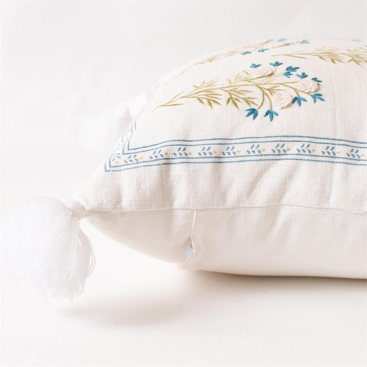 Embroidered Blue Floral Pillow With Tassels