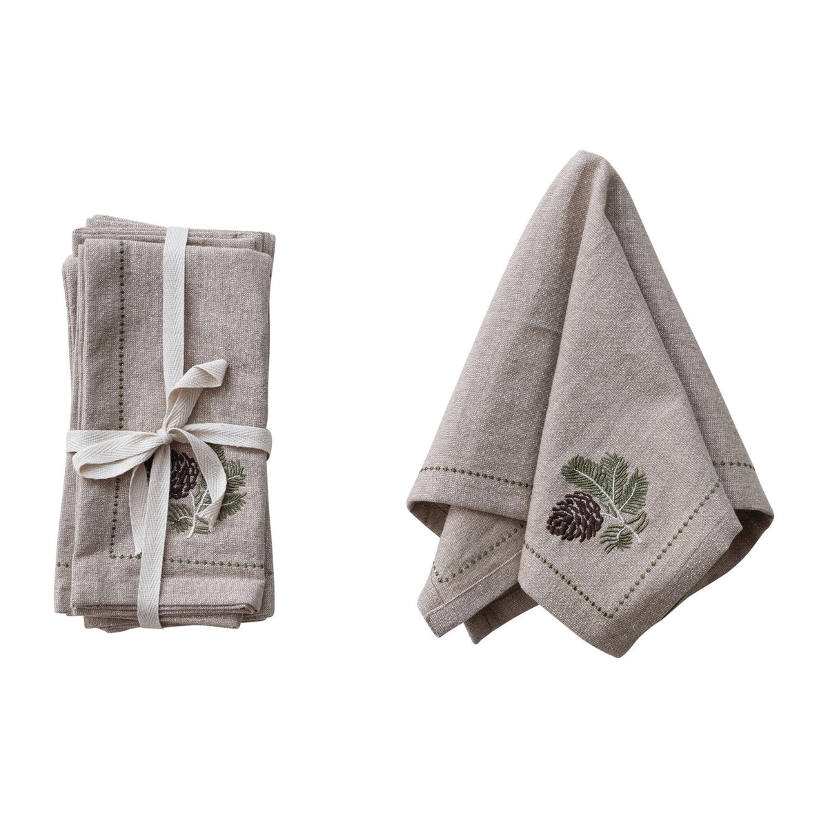 Square Cotton Napkins w/Metallic Thread Embroidered Botanical (Set of 4)