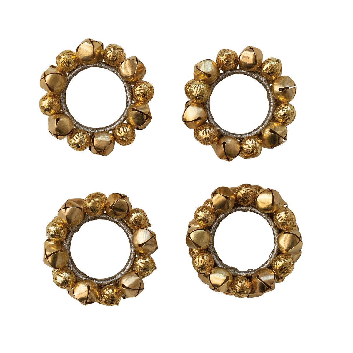 Handmade Metal Jingle Bell Napkin Rings, Gold Finish (Set of 4)