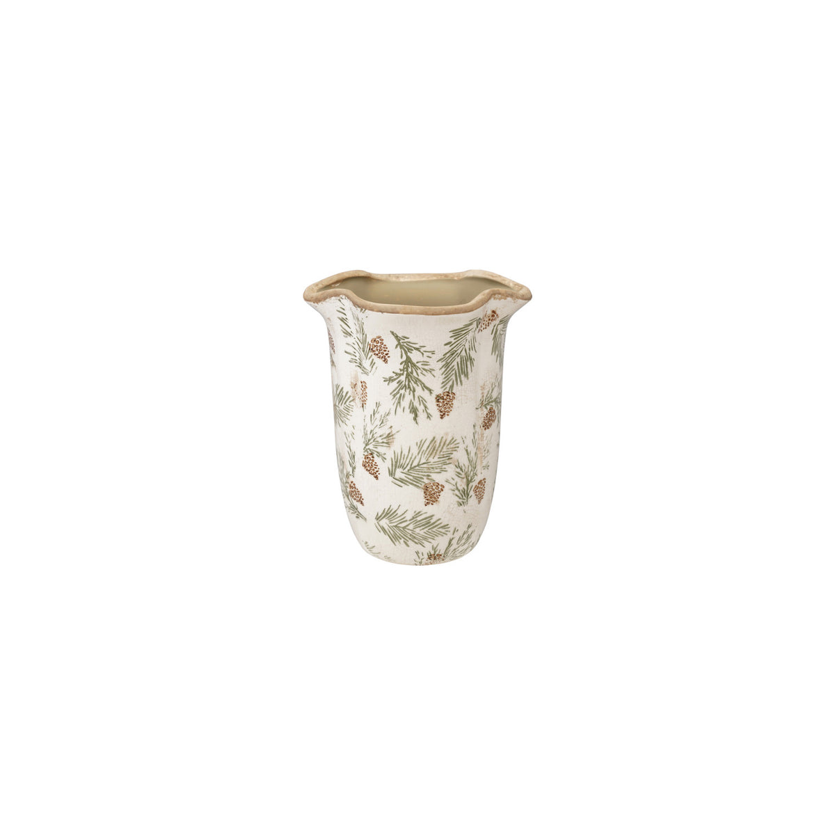 Stoneware Scalloped Planter/Vase with Transferware Pine Bough Pattern
