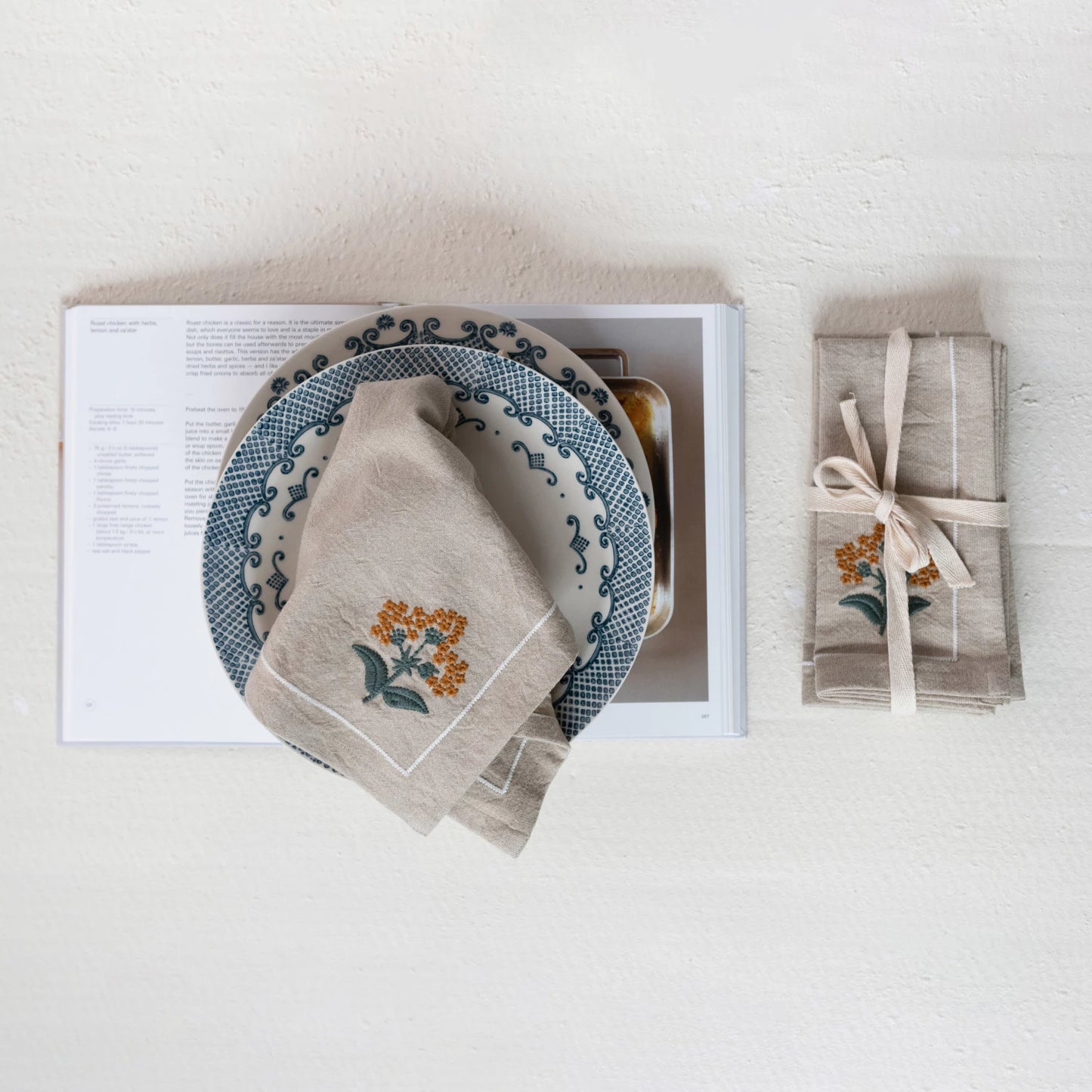 Embroidered Cotton Napkins | Burnt Orange Flower