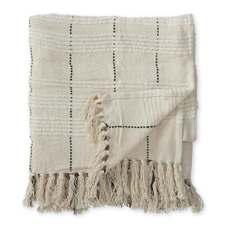 Cream & Black Thin Striped Cotton Throw Blanket w/Fringe | 60"