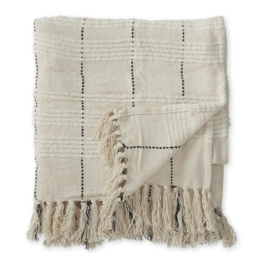 Cream & Black Thin Striped Cotton Throw Blanket w/Fringe | 60"