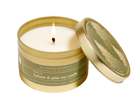 Fresh Cut Balsam And Pine In Gold Candle Tin 5oz