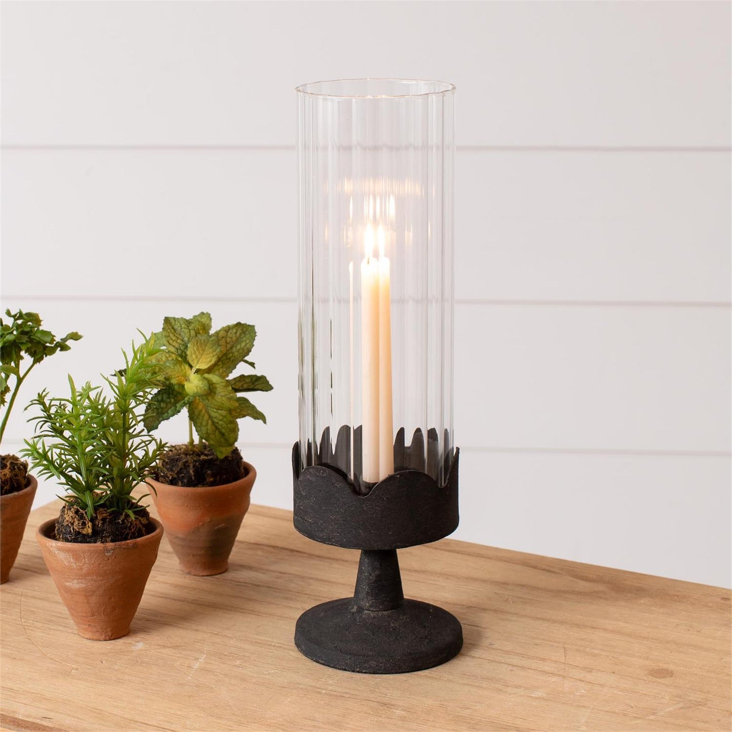 Dark Pedestal Base Glass Cylinder Candle Holder