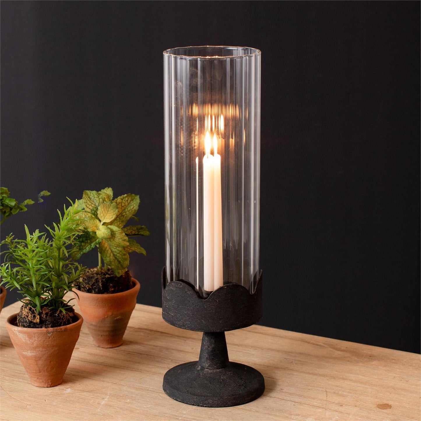 Dark Pedestal Base Glass Cylinder Candle Holder