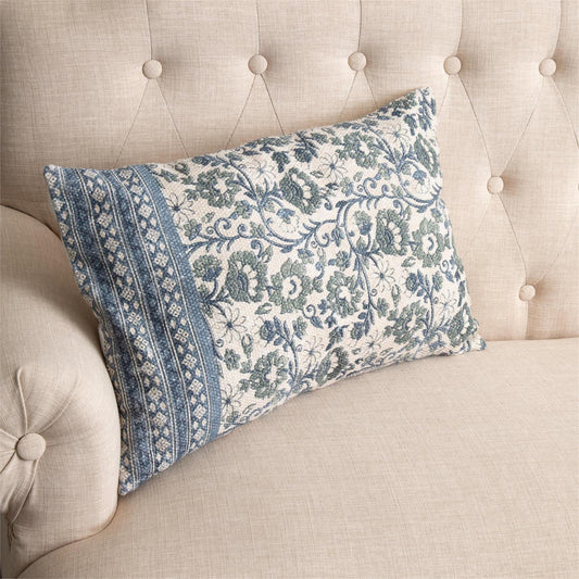 Knubby Slub Block Print, Sage And Blue Flora Pillow