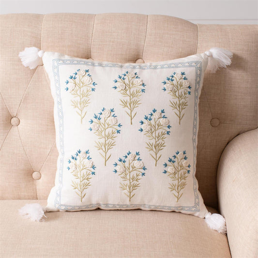 Embroidered Blue Floral Pillow With Tassels