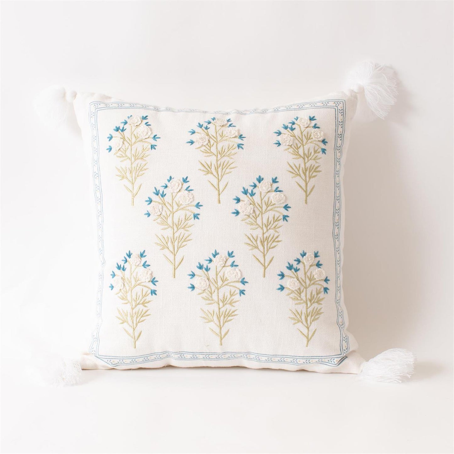 Embroidered Blue Floral Pillow With Tassels