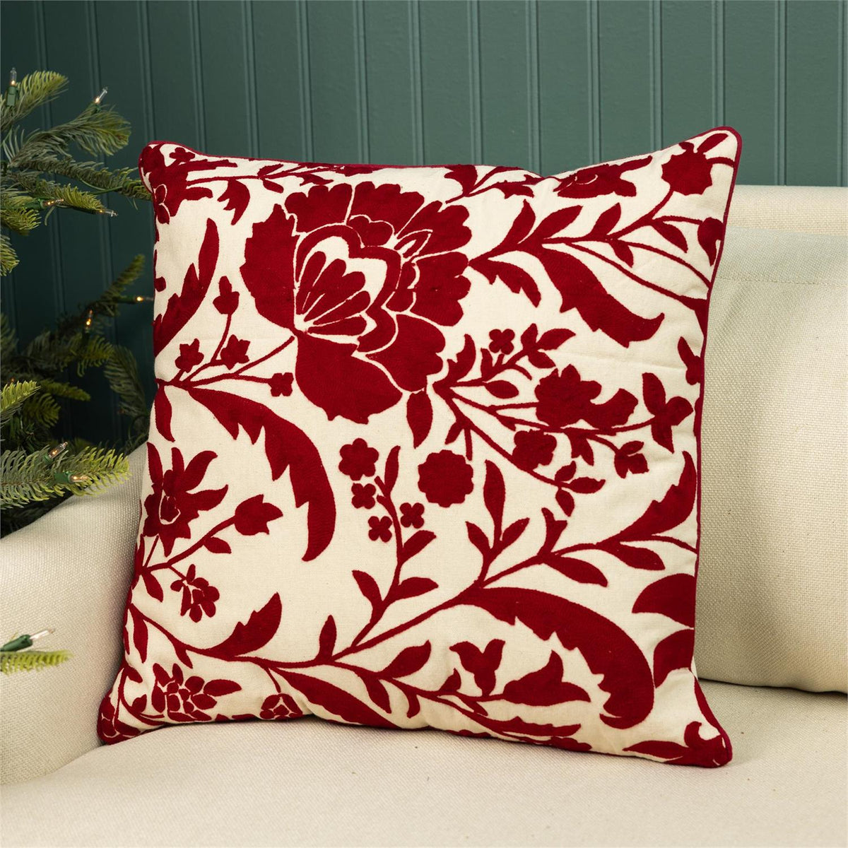 Crewelwork Red Floral Pillow