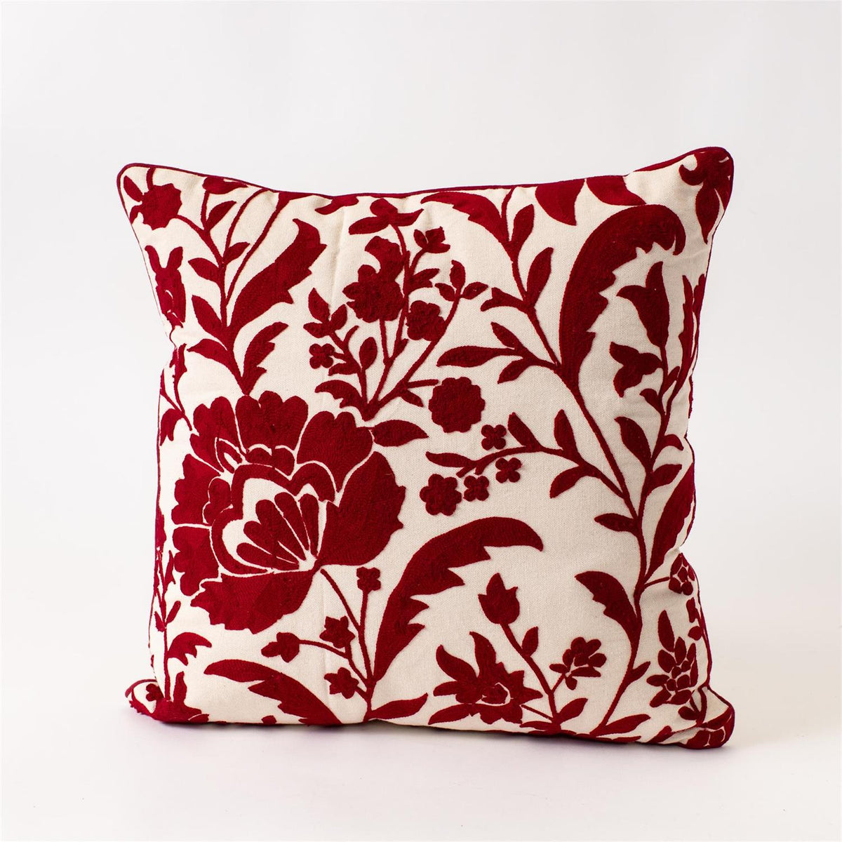 Crewelwork Red Floral Pillow