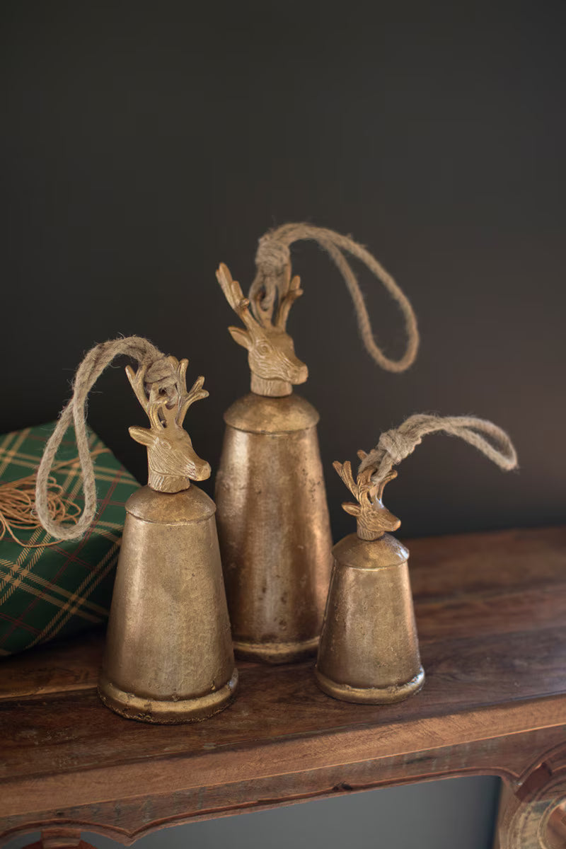 Antique Gold Metal Christmas Bells with Deer Finials