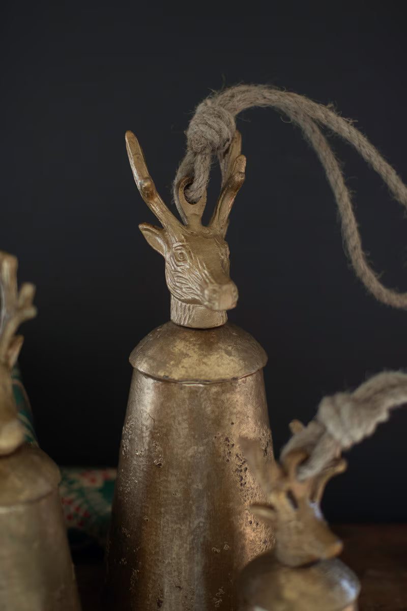 Antique Gold Metal Christmas Bells with Deer Finials