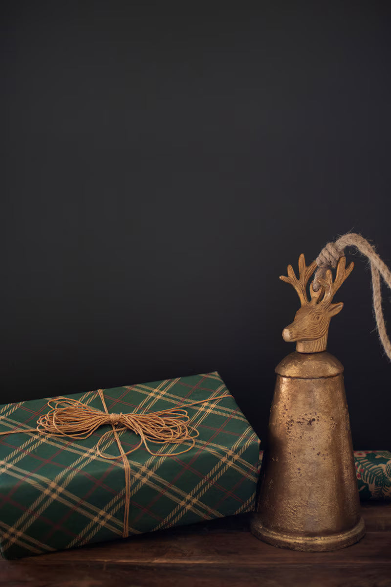 Antique Gold Metal Christmas Bells with Deer Finials