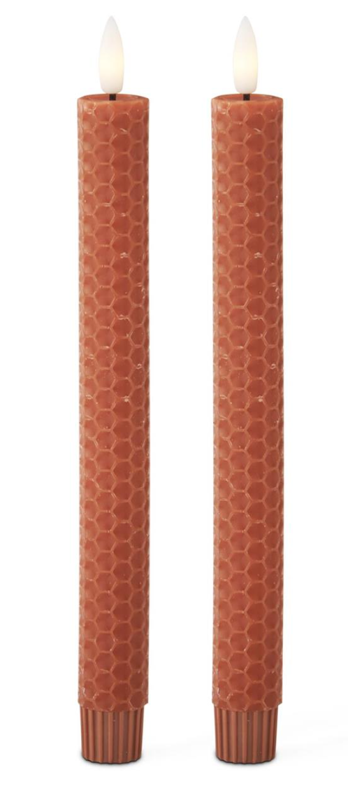 Rust Honey Comb LED Taper Candles w/Timer (Set) | 9.75"