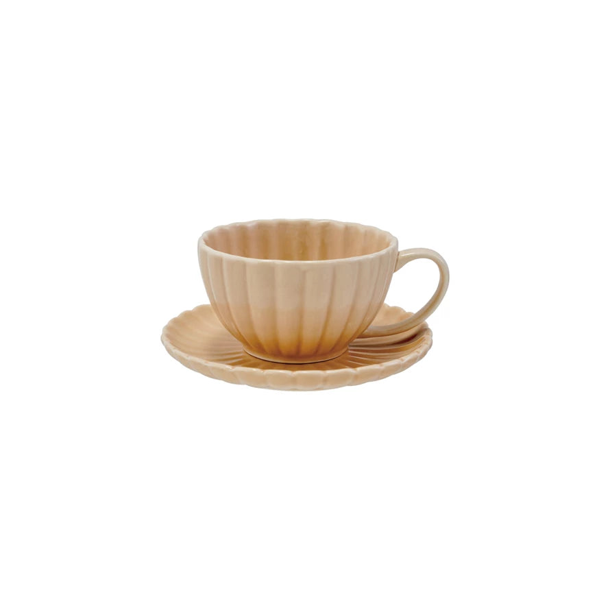 Stoneware Ribbed Mug & Saucer Reactive Glaze