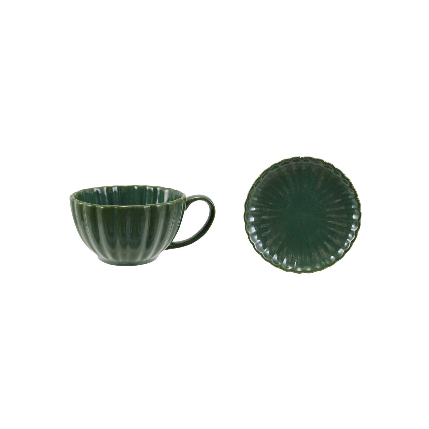 Stoneware Ribbed Mug & Saucer Reactive Glaze