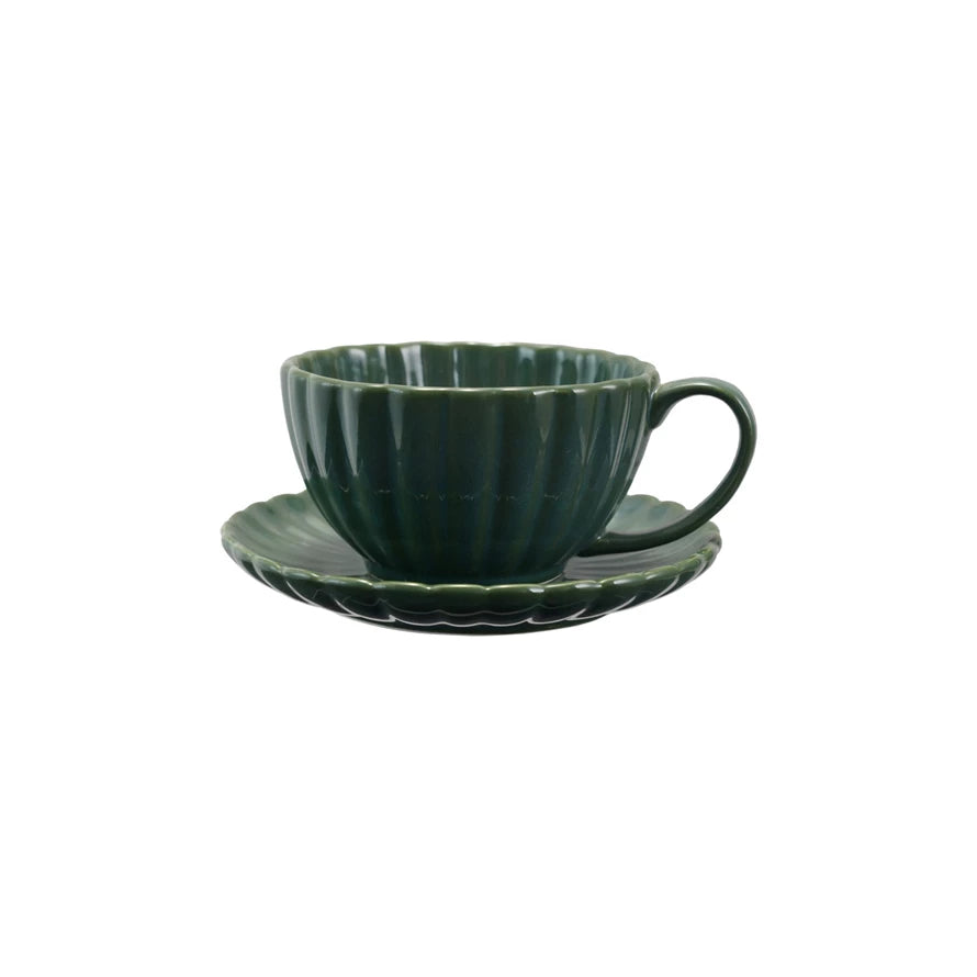 Stoneware Ribbed Mug & Saucer Reactive Glaze