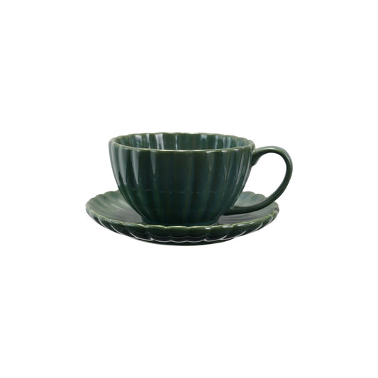 Stoneware Ribbed Mug & Saucer Reactive Glaze
