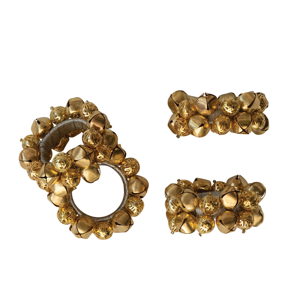 Handmade Metal Jingle Bell Napkin Rings, Gold Finish (Set of 4)