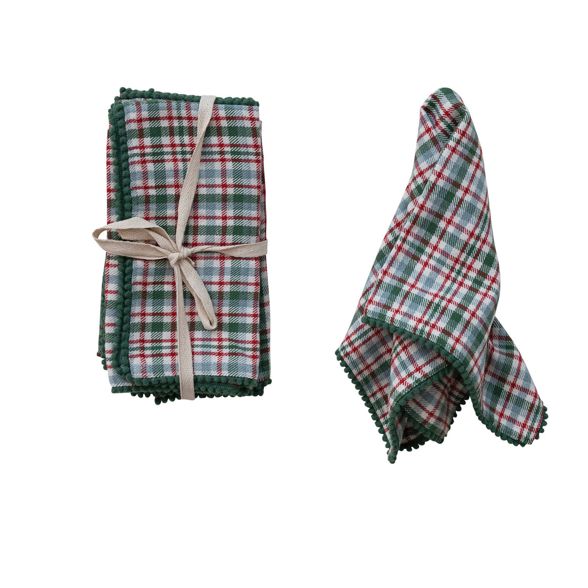 Woven Cotton Napkins with Plaid Pattern & Mini Pom Pom Trim (Set of 4)