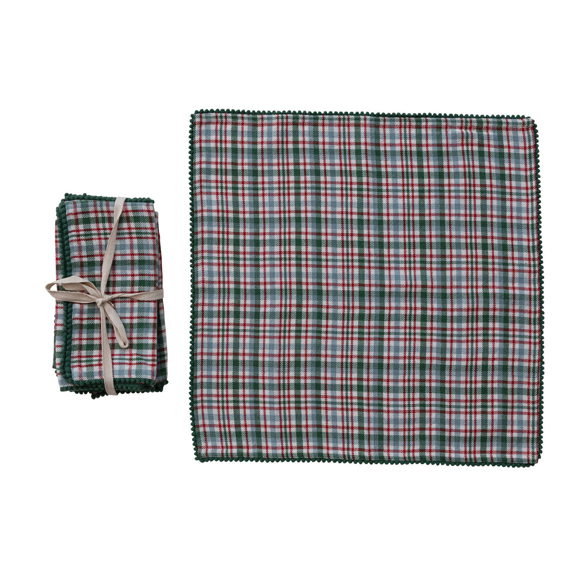 Woven Cotton Napkins with Plaid Pattern & Mini Pom Pom Trim (Set of 4)
