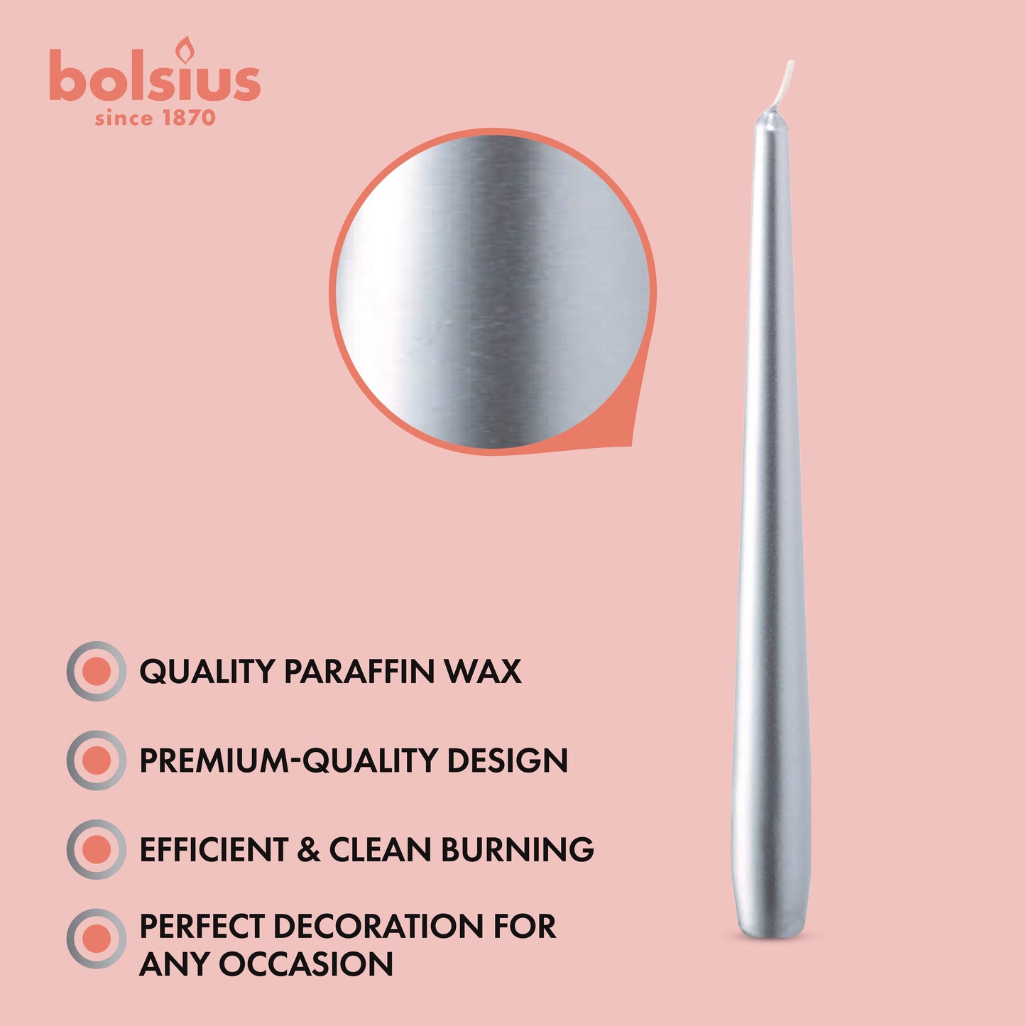 Silver Metallic Taper Candle | Silver | 10"