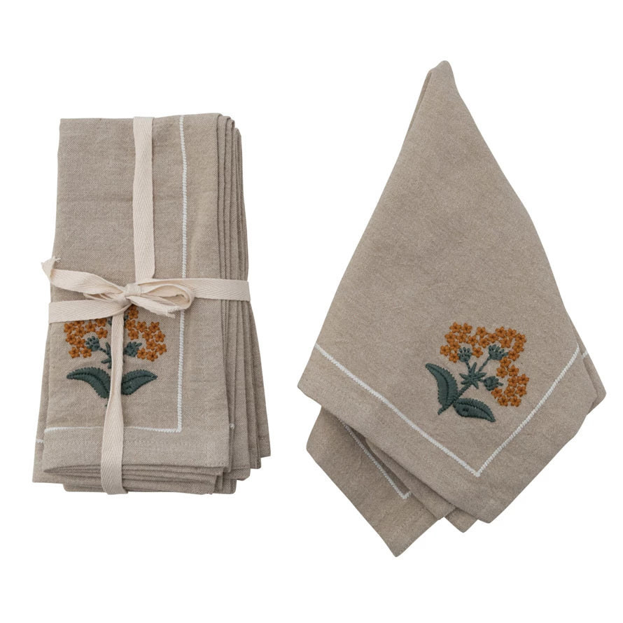 Embroidered Cotton Napkins | Burnt Orange Flower