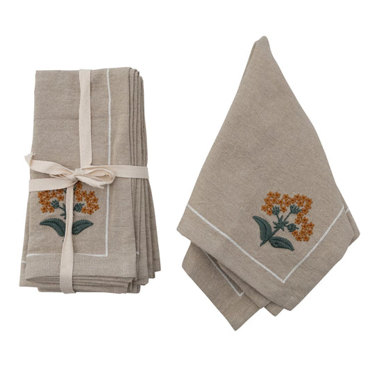 Embroidered Cotton Napkins | Burnt Orange Flower