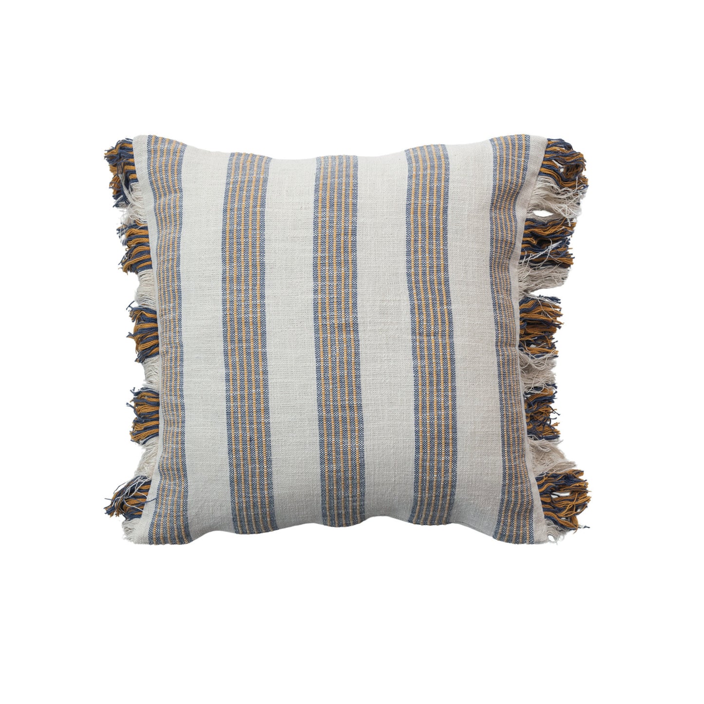 Square Woven Cotton Pillow w/Stripes & Fringe