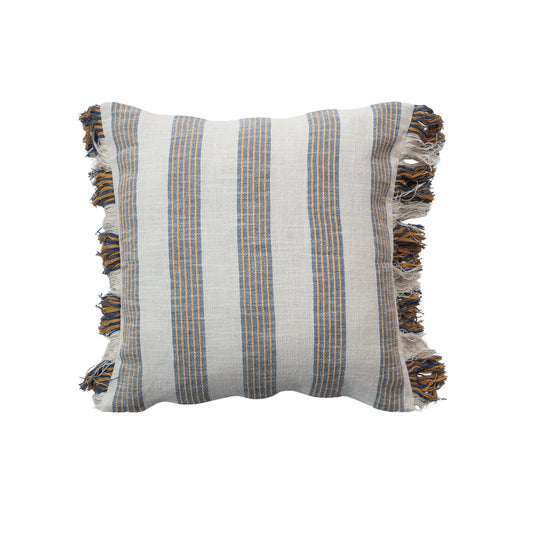 Square Woven Cotton Pillow w/Stripes & Fringe