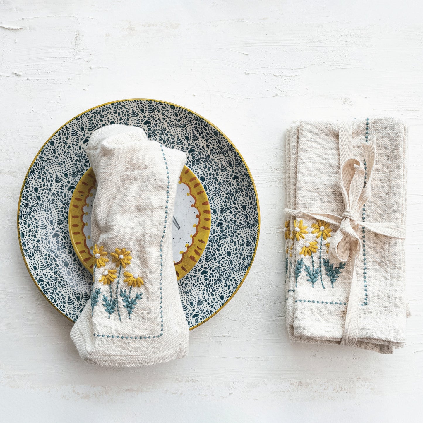 Cotton Napkins - Floral Embroidery & French Knots