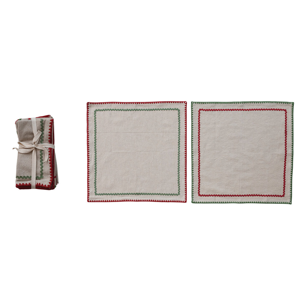 Woven Cotton Napkins w Stitched Edge & Ric Rac Trim (Set of 4)