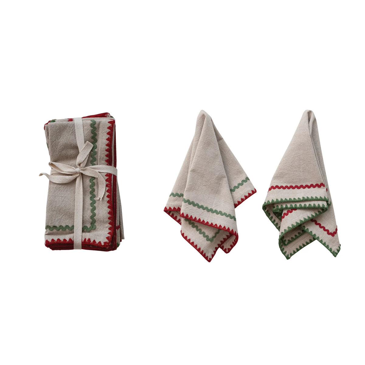 Woven Cotton Napkins w Stitched Edge & Ric Rac Trim (Set of 4)
